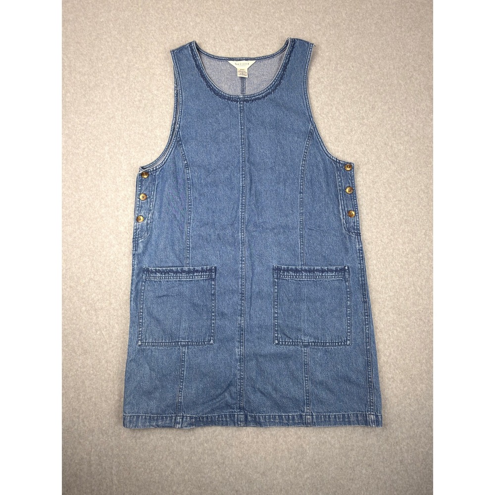 90s Van Heusen Denim Jumper Dress Womens Small Blue Embroidered Pocket